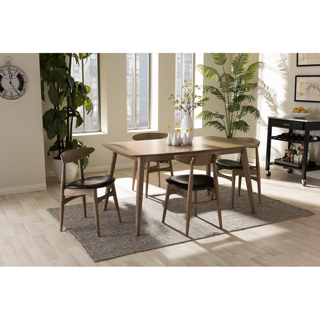 Wholesale Interiors Baxton Studio Edna Mid-Century Modern French Black Faux Leather and "Oak" Light Brown Finishing Wood 5-Peice Dining Set